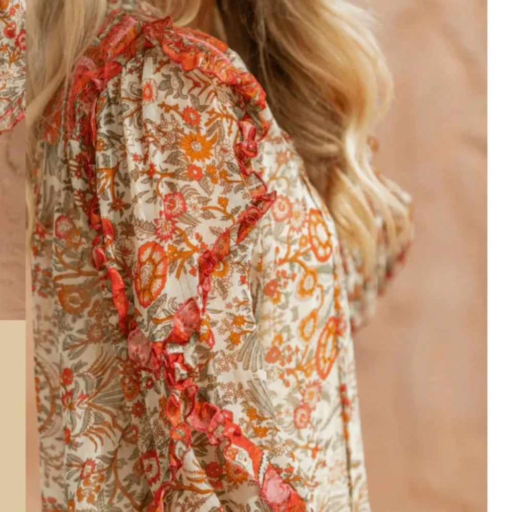 Miss June PARIS Helena boho peasant sheer floral tassel tie blouse OSFM - Picture 5 of 15